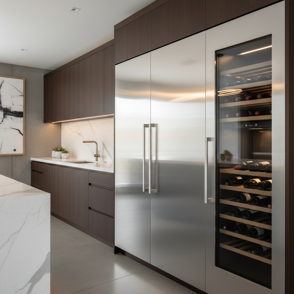 High-end refrigerator and wine cooler in a modern kitchen
