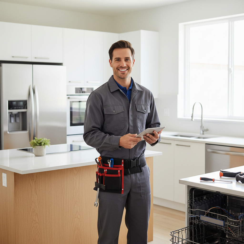 Professional appliance repair technician in a bright modern kitchen