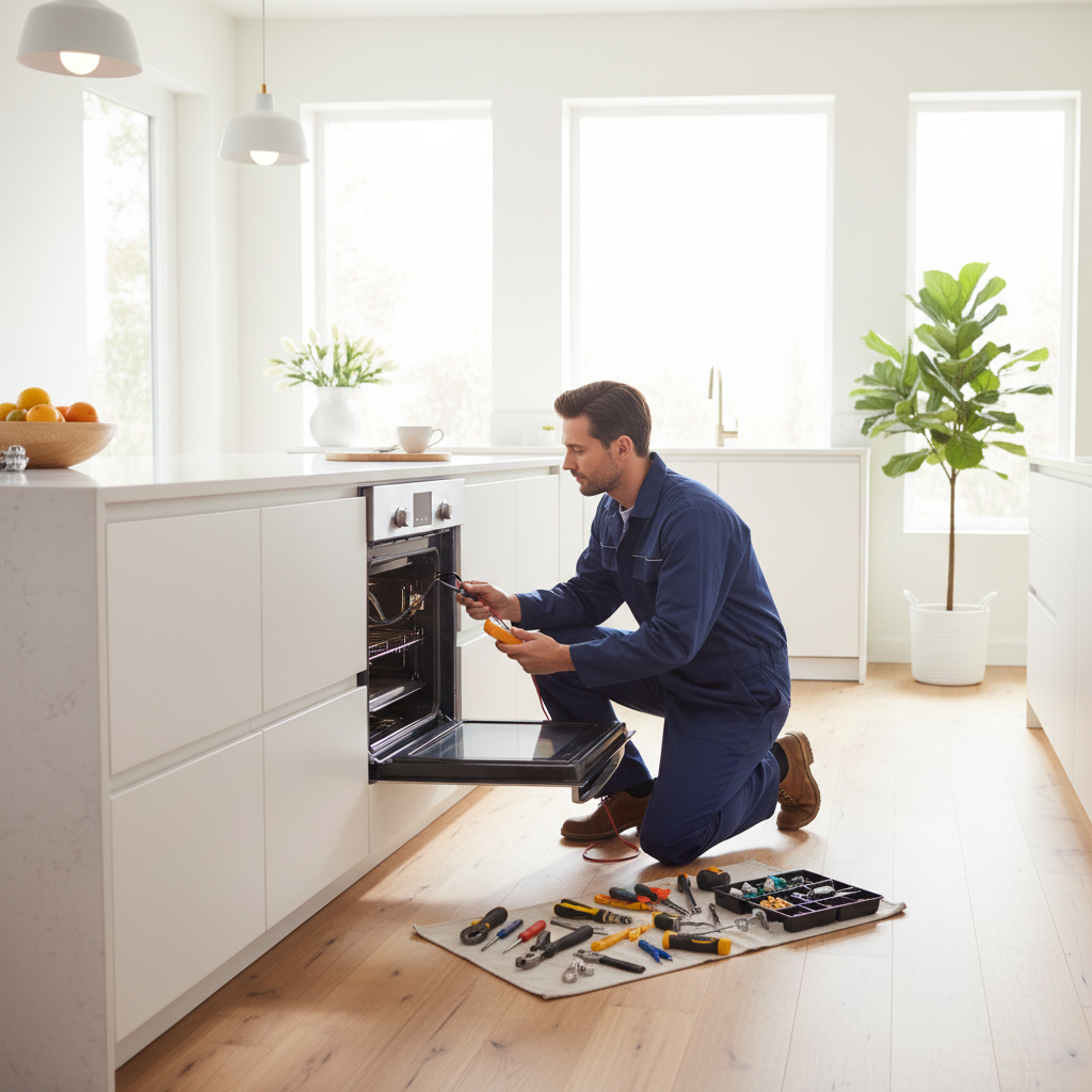 Technician repairing a built-in oven in a modern kitchen